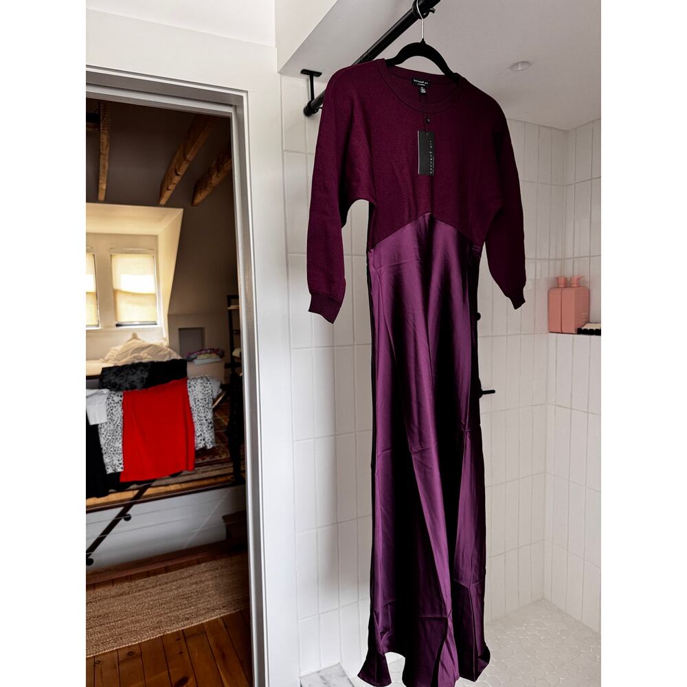 NWT Current Air Mixed Media Sweater Dress Boysenberry Purple Satin Maxi Midi - Picture 2 of 5